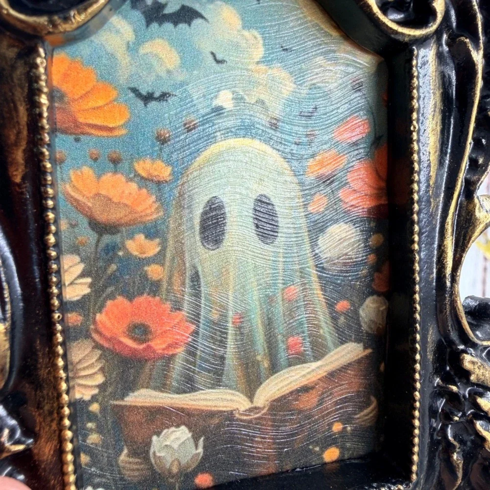 Ghost Reading Book Ornate Gold Black Resin Frame Decoupage Art Print 5in